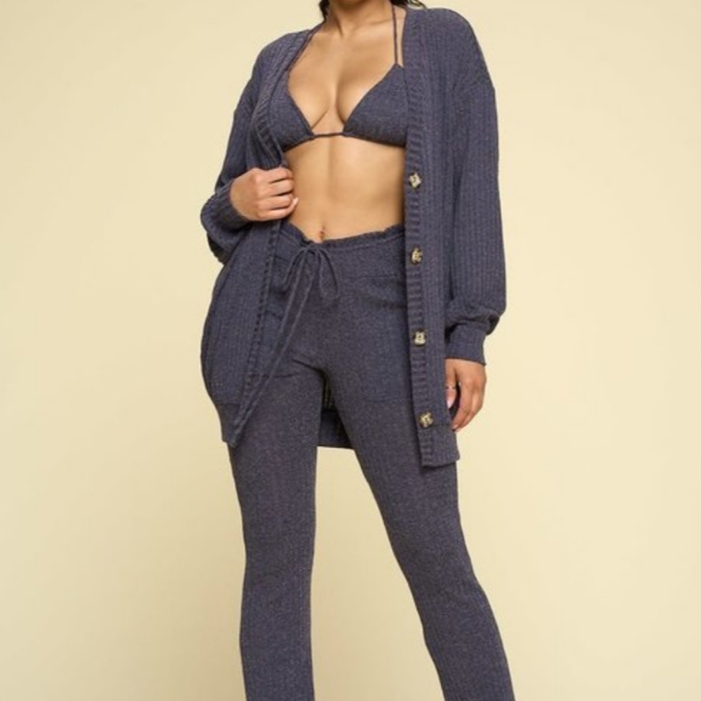 3PC set Cardigan Bottoms Top Blue Gray - Picture 4 of 7